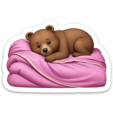 A brown bear lying on its side in a pink bed, curled up under the covers, trying to get comfortable. sticker