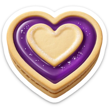 Realistic shortbread cookie in the shape of a heart with violet jelly middle filling and sprinkled powder sugar on top. sticker