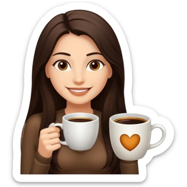 Straight Dark Brown long haired sexy woman smiling with dark brown eyes with cup of coffee sticker