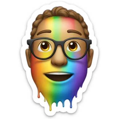 a rainbow with a human face with glasses, a smile and some paint sticker