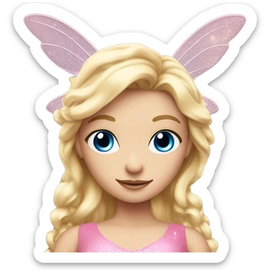 Create a blonde haired fairy with blue eyes and a pink dress with sparkly wings sticker