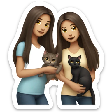 Two long hair brunette girls and two cats in their hands sticker