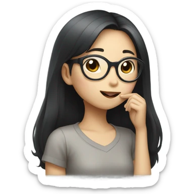 A korean girl with long black hair and circle frame glasses whispering to a grey rat sticker