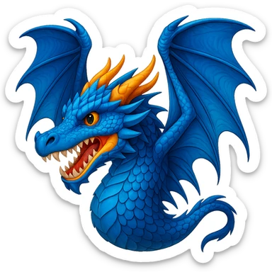 Add large, detailed wings to this fiery blue dragon, keep the style consistent with the original image, and remove the background. sticker