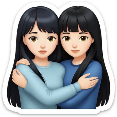 two white girls with long black hair hugging, one girl has bangs sticker