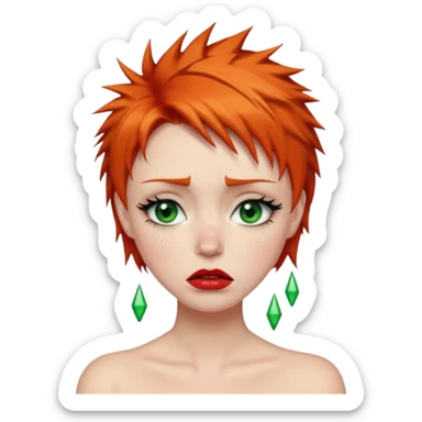Short spikey Ginger hair, green eyes, black long eye lashes large red lips White woman very sad crying years coming out or eyes sticker