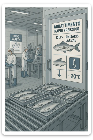 a fish processing facility where freshly caught fish are placed on trays and moved into a large industrial freezer. A temperature gauge shows -20°C, and an educational label explains that rapid freezing (abbattimento) is used to kill Anisakis larvae. The background includes workers in protective clothing and clear signage about food safety. sticker