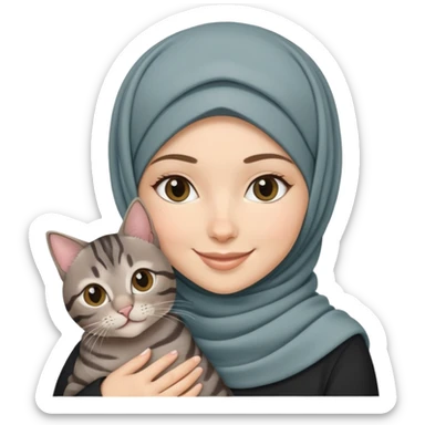 White girl wearing hijab holding a black grey tabby cat while smiling sticker