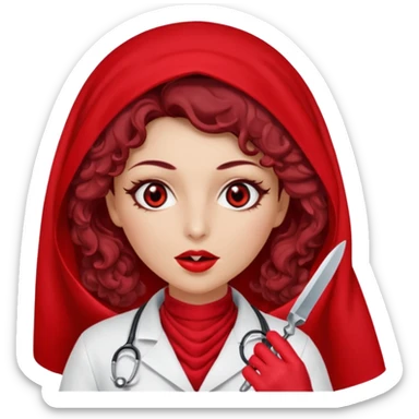 Lilith scalpel in hand, evil surgeon outfit.  She has red eyes. She has dark brown curly hair. Hair is long . Wears sexy doctor outfit with red gloves. Cover, neck and mouth with Muslim red burka sticker