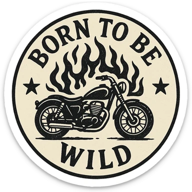 circular motorcycle cap design with transparent background, text 'Born to be wild', motif: motorcycle, flame, star, classic style sticker