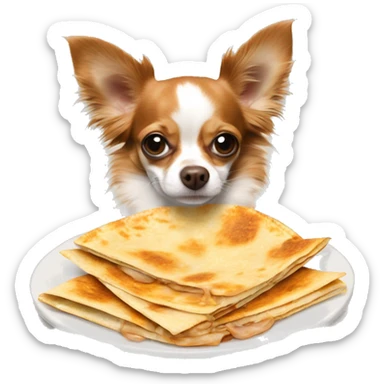 Long-haired reddish brown Chihuahua with white markings eating quesadilla sticker