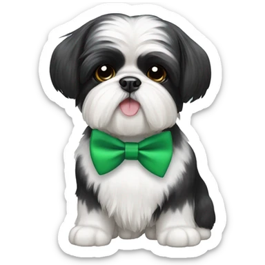 Mostly Black and white Shih Tzu wearing a green bowtie  sticker
