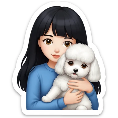 A beautiful girl with long black hair and bangs hugs a little Bichon Frise sticker