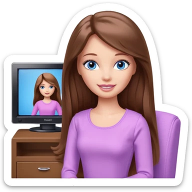 beautiful barbie girl with long brown hair, blue eyes and wearing light purple clothes watching tv sticker
