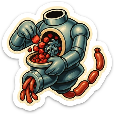 hovering robot. stuffs material into large hole on its top with 2 arms. no neck or head. large hole is where neck and head would be. spinning gears and blades in hole grind red chunks. sausage links come our of hole on backside.  3/4 view. between realism and cartoon. well lit. no dramatic lighting. metallic shiny robot. works diligently. dark humor sticker