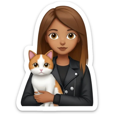 Brown straight-haired girl wearing black jacket with white cat and calico cat sticker