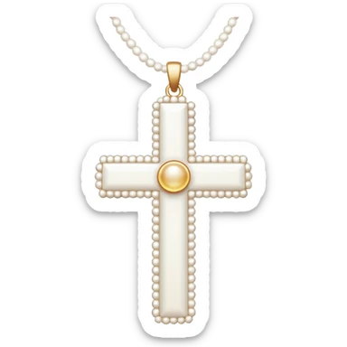 Elegant emoji icon of a white cross made of white beads, glossy surface, and white bead chain subtle shadows, pure white palette sticker