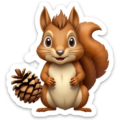 Greedy squirrel with a big pine cone balancing on its head, showing a strange creepy expression, hungry looking sticker