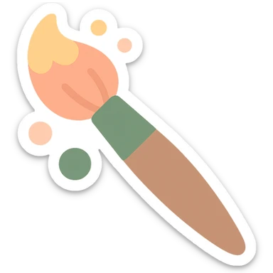 A cute and whimsical artist's paintbrush with a soft and cozy design, featuring a warm color palette: golden orange (FA9B41), deep forest green (4A7C5C), muted taupe brown (96775A), and pastel peach (FFCC9A). The brush has a delicate wooden handle in muted brown, with the bristles slightly fanned out, holding a touch of paint in shades of peach and orange. The tip of the brush is dipped in a soft golden hue, and tiny splashes of paint in the palette’s colors are gently scattered around. The overall mood is playful, artistic, and charming, evoking a sense of creativity and warmth. sticker