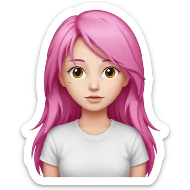 a woman with long layered pink hair, wearing white t-shirt sticker