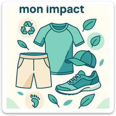 vertical mobile app screen for Decathlon, modern and clean style, header with the phrase 'Mon équipement, mon impact' at the top, stylized illustrations of eco-responsible sports clothing, pictograms of recycling, leaves, reduced carbon footprint, highlight promo #Ecomax15, soft green, beige, white, light blue palette, dynamic and sporty atmosphere sticker