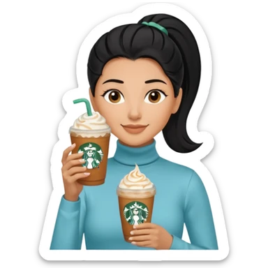  tan skin woman with long face, and very short black hair slicked back ponytail with forehead showing, wearing solid light blue turtleneck shirt, drinking starbucks caramel frappuccino, smiling with middle parted hair sticker