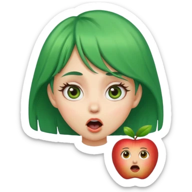 green-haired girl, surprised expression, big eyes, open mouth, apple emoji style sticker