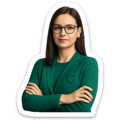 confident female CEO wearing an emerald green sweater, straight brown hair, emerald green glasses, modern office vibe sticker