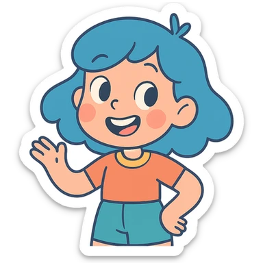 adorable girl with blue hair, smiling, pastel colors, cartoon style sticker