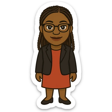 full body emoji of Kemi Badenoch, with glasses and braided hair, standing, cartoon style, transparent background sticker