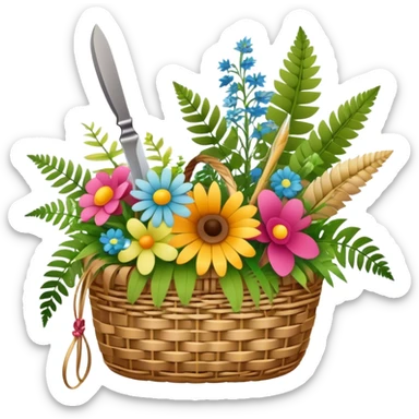 Icon for Floristry: a woven basket with flowers, reeds, ferns, bright ribbons and a small plush toy. Add scissors and knife. The icon should represent creativity in flower arrangement and decorative design. Transparent background. sticker