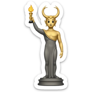 Minimalist emoji-style sticker of a full-body Oscar-like statue in matte gray-gold, with small horns  and faint flames at the base, all in black and muted hues sticker