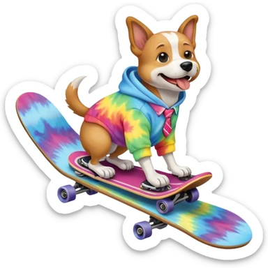 A dog on a skateboard wearing a tie dye hoodie on a rollercoaster sticker