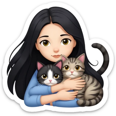 a black long hair girl with black eyes hugging a three-color tabby cat sticker