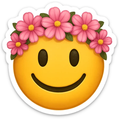 yellow face with pink flower crown emoji, digital illustration sticker