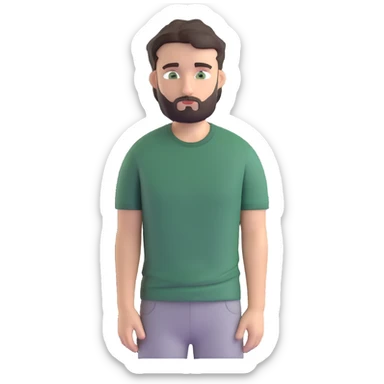 man with dark messy short hair, dark green eyes, gray T-shirt, and short beard sticker