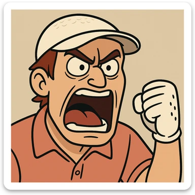 angry golfer's face, shouting, golf glove visible, comic style, bold lines sticker