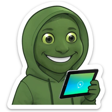 a man in a hoodie, smiling, holding an iPad, memoji style sticker