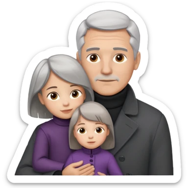 A father with silver-grey hair styled neatly and a clean-shaven face, wearing a dark turtleneck and wool coat, holding his girl child gently. The child has light brown hair and a soft white dress. Warm cinematic lighting, emotional close-up. sticker