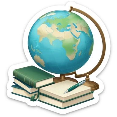 Create an emoji representing language translation. The design should feature just one globe in the background, symbolizing international communication. In front of the globe, place two books or sheets of paper with texs on them and a pen nearby to indicate the act of writing. Use a clean and professional color palette with blues, greens, and neutral tones. Make the background transparent. sticker