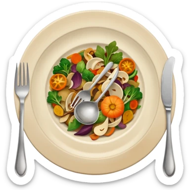 dirty plate from food scraps and vegetable leftovers, small fork and spoon resting on the plate sticker