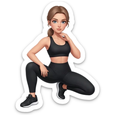 hand on neck, shoulder release pose, fair-skinned woman, gray-blue eyes, ash brown brows, ash light brown hair tied back, slim athletic body, black workout set, black sneakers with white soles sticker