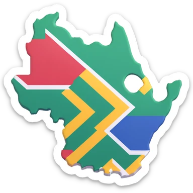 Create a 3D style illustration of the map outline of South Africa with the South African flag applied on it. The flag colors should be vivid and clearly visible, emphasizing the distinct colors of the South African national flag on the map shape. sticker