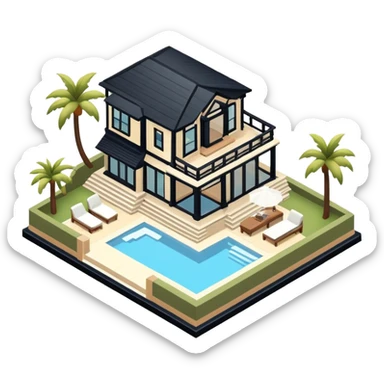 Malibu mansion, isometric dollhouse-style, realistic sticker