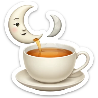 A cup of tea with a half-moon on the cup sticker