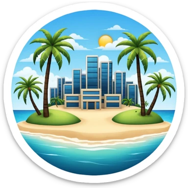 an island with modern buildings and beaches with palm trees  sticker