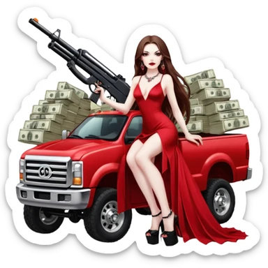 Lilith symbol red eye seductress evil long brown haired sexy succubus woman. Wearing Chanel  long dress with slit, sitting on top of a  giant lifted F350 pickup truck. Black Platform heels on feet. Back of truck full of stacks of cash, sitting behind her is  a human skull with a gun in other hand sticker