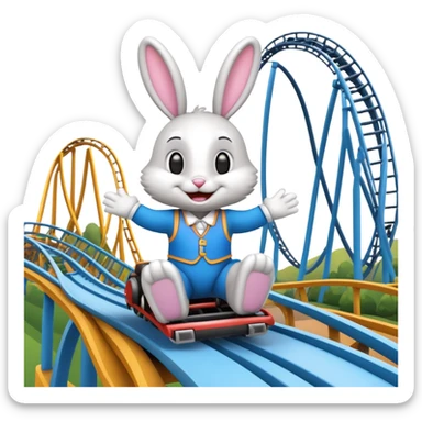 bunny mascot with a roller coaster in the background, inspired by Walibi amusement park sticker