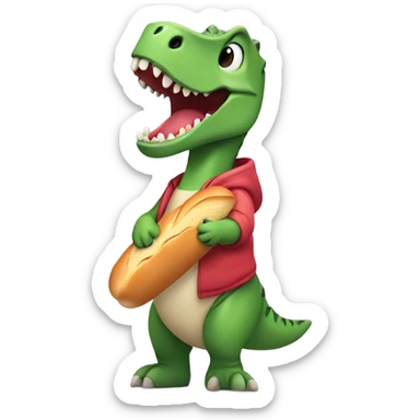 Dino wearing a hoodie eating a baguette sticker