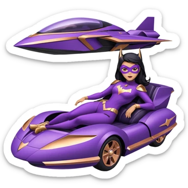 Hot full size real-appearance racing action BatGirl’s feminine midnight-purple tight outfit sixty’s tv show 1992 stealth retro cat burglar sporty petite off-road pursuit hovering hover cruiser car rose gold accents (black hair,reclined and relaxed seating position and attitude) desert sticker